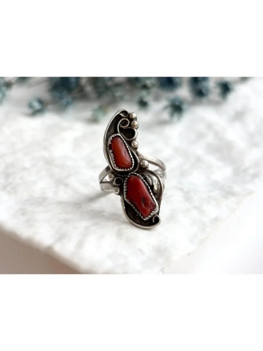 ZUNI Coral WILD SMITH Southwest Sterling Silver 925 Vintage Ring - sz 4.5
